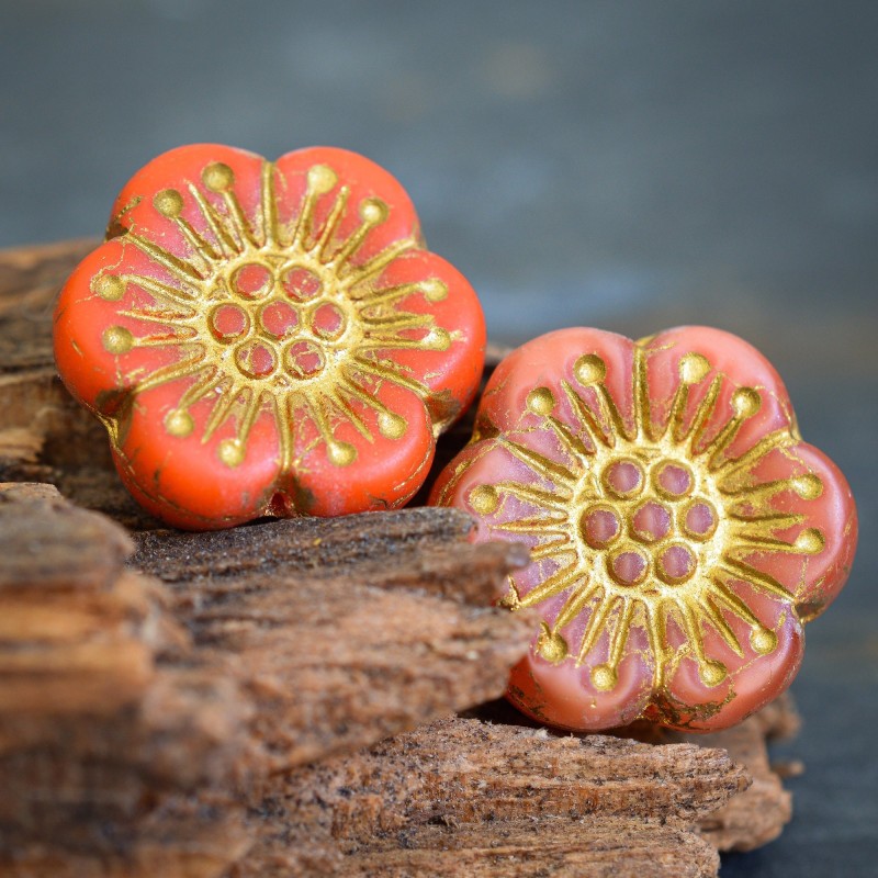 Roses sauvages rouge-orangé 18mm X2 Perles verre tchèque