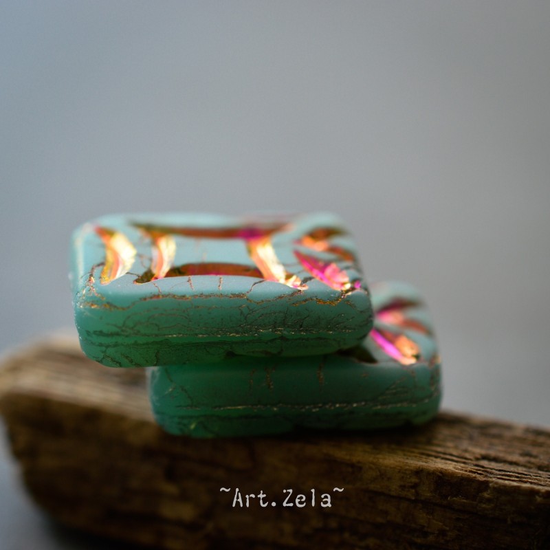 Perle rectangle turquoise irisé 19mm X2 Perle verre tchèque opalescent