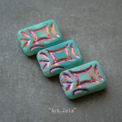 Perle rectangle turquoise irisé 19mm X2 Perle verre tchèque opalescent