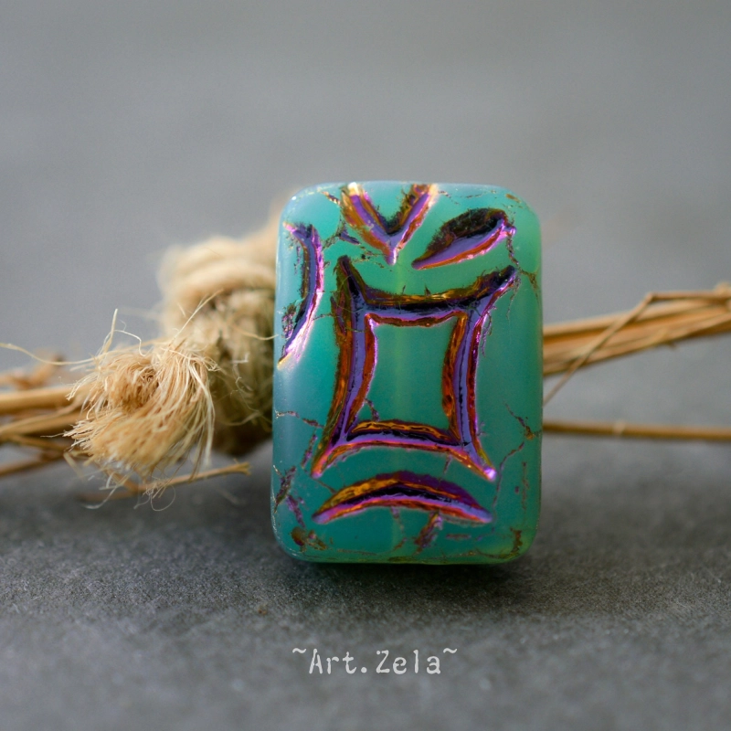 Perle rectangle turquoise irisé 19mm X2 Perle verre tchèque opalescent