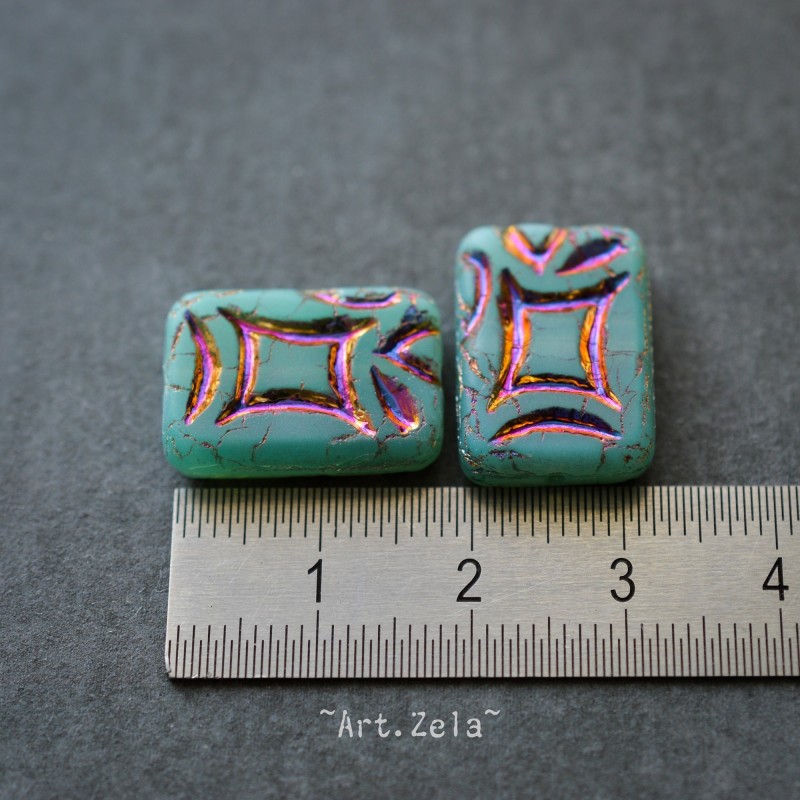 Perle rectangle turquoise irisé 19mm X2 Perle verre tchèque opalescent