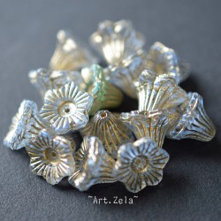 Clochettes bleu vert pastel 13mm X4 Perles verre tchèque