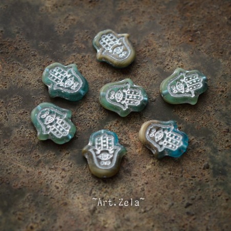 Perles main Hamsa kaki bleu turquoise 15mm X4 Perles Verre Tchèque