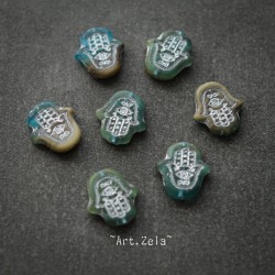 Perles main Hamsa kaki bleu turquoise 15mm X4 Perles Verre Tchèque