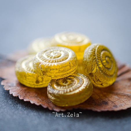 Perles nautilus jaune 14mm X2 Perles verre tchèque dépoli