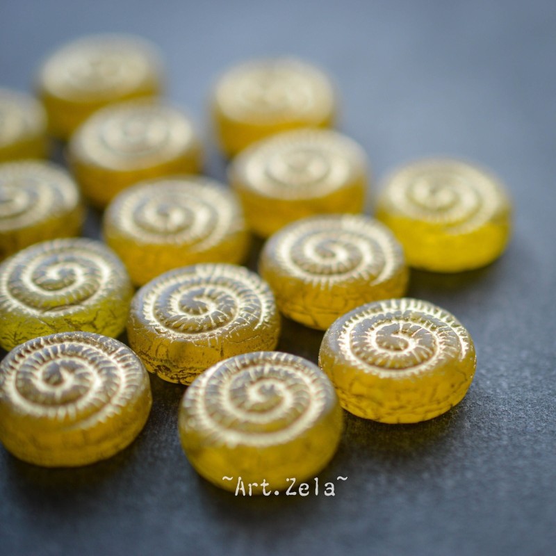 Perles nautilus jaune 14mm X2 Perles verre tchèque dépoli