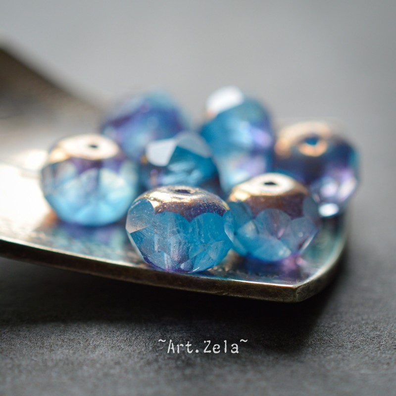 Rondelles bleu paon bronze 8x6mm X8 Perles verre tchèque opalescent