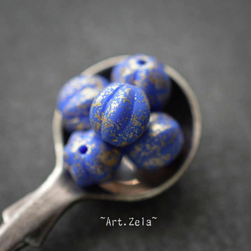 Melons bleu doré 8mm X10 Perles verre tchèque opaque