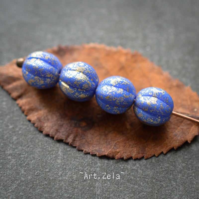 Melons bleu doré 8mm X10 Perles verre tchèque opaque