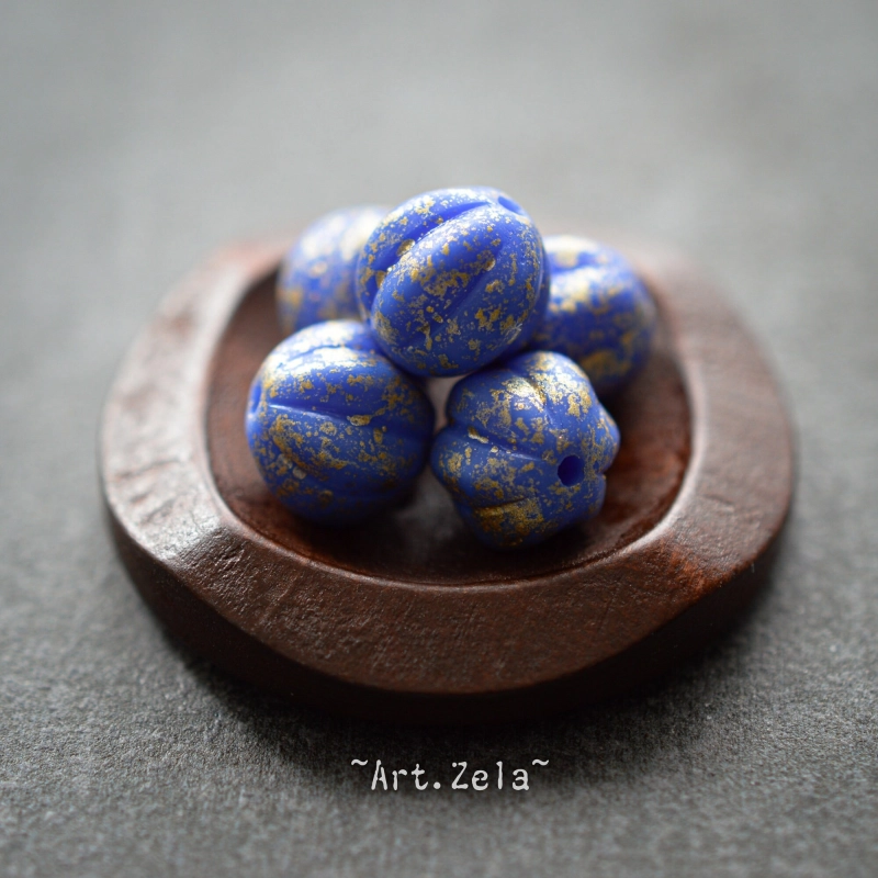 Melons bleu doré 8mm X10 Perles verre tchèque opaque