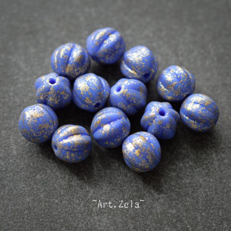 Melons bleu doré 8mm X10 Perles verre tchèque opaque