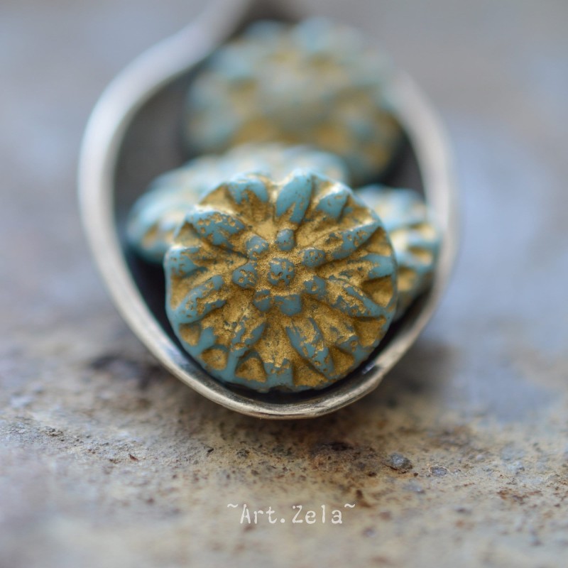 Dahlias bleu doré 14/15mm X4 Perles verre tchèque texturé