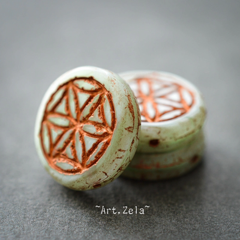 Fleur de vie vert menthe cuivré 19mm X2 Perle verre tchèque opalescent