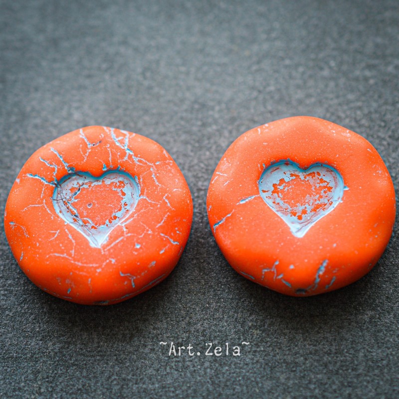 Coeur orange bleu 21mm X1 Perle verre tchèque mat