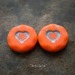 Coeur orange bleu 21mm X1 Perle verre tchèque mat