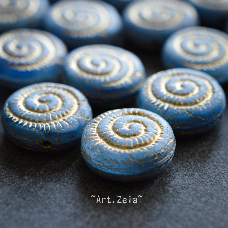 Nautilus bleu bronze 14mm X2 Perles verre tchèque dépoli