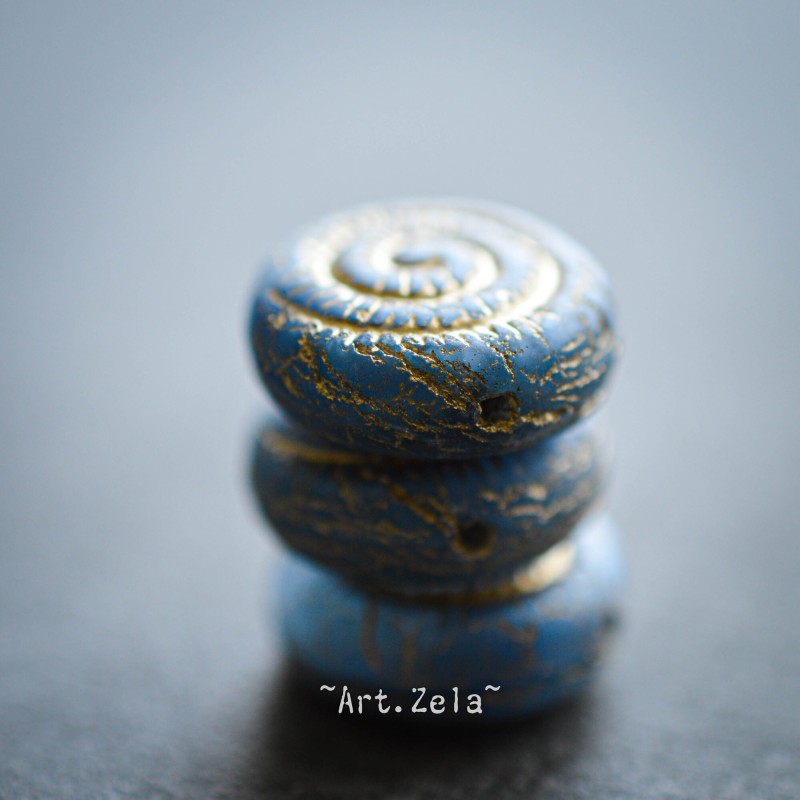 Nautilus bleu bronze 14mm X2 Perles verre tchèque dépoli