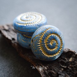 Nautilus bleu bronze 14mm X2 Perles verre tchèque dépoli