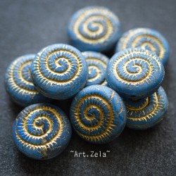 Nautilus bleu bronze 14mm X2 Perles verre tchèque dépoli