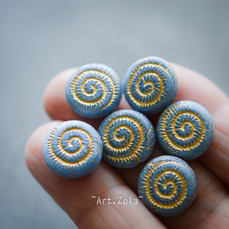 Nautilus bleu bronze 14mm X2 Perles verre tchèque dépoli