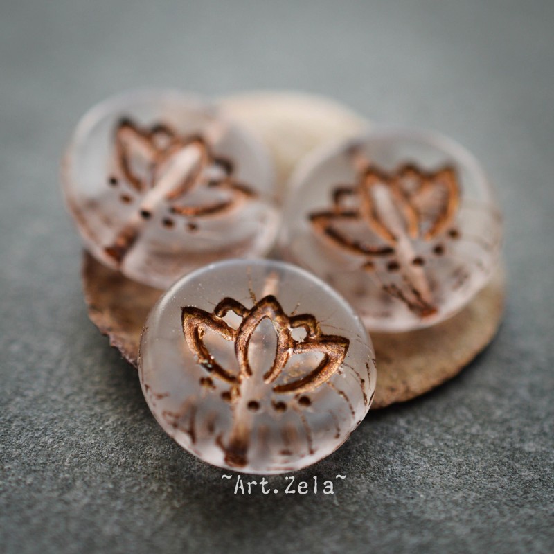 Fleurs lotus bronze cuivre 14mm X4 Perles verre tchèque mat