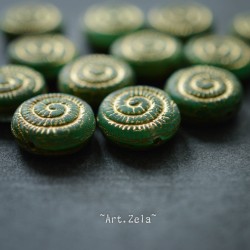 Perles nautilus vert bronze 14mm X2 Perles verre tchèque dépoli