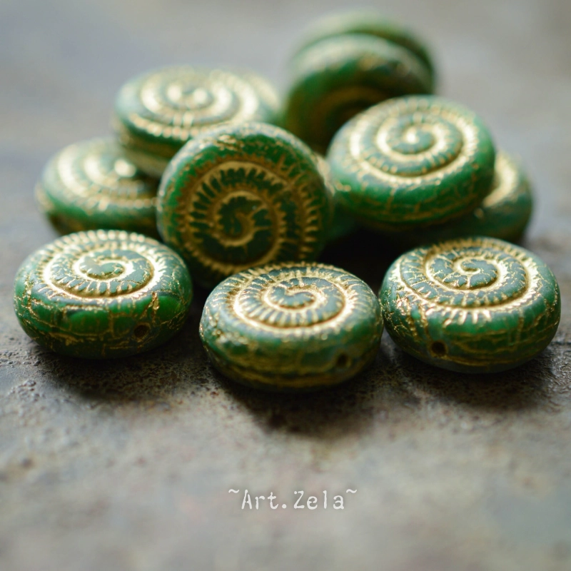 Perles nautilus vert bronze 14mm X2 Perles verre tchèque dépoli