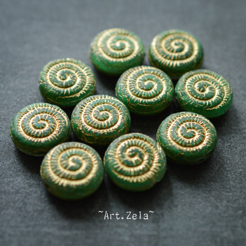 Perles nautilus vert bronze 14mm X2 Perles verre tchèque dépoli