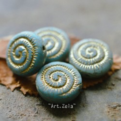 Perles nautilus bleu clair bronze 14mm X2 Perles verre tchèque dépoli