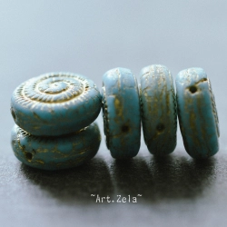 Perles nautilus bleu clair bronze 14mm X2 Perles verre tchèque dépoli