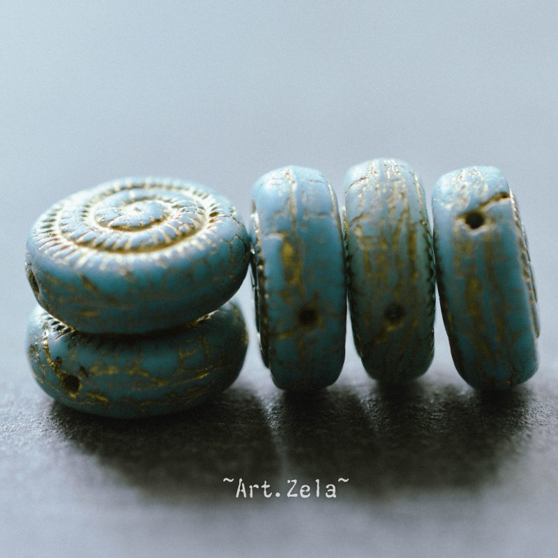 Perles nautilus bleu clair bronze 14mm X2 Perles verre tchèque dépoli