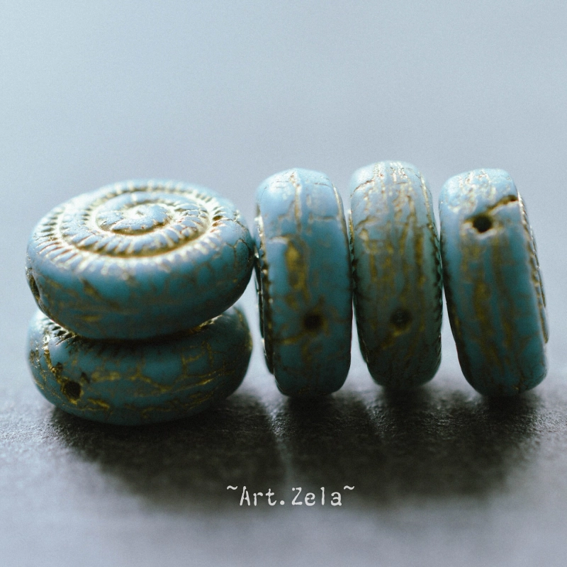 Perles nautilus bleu clair bronze 14mm X2 Perles verre tchèque dépoli