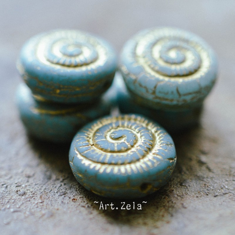 Perles nautilus bleu clair bronze 14mm X2 Perles verre tchèque dépoli