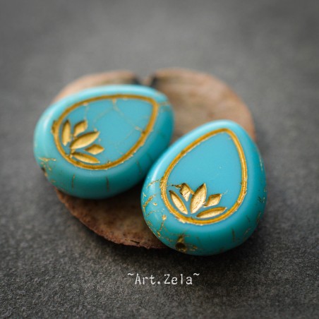 Fleurs de lotus bleu turquoise bronze 14mm X2 Perles verre tchèque