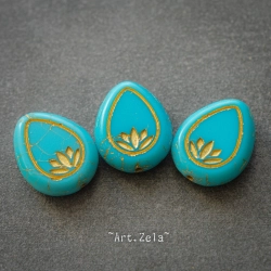 Fleurs de lotus bleu turquoise bronze 14mm X2 Perles verre tchèque