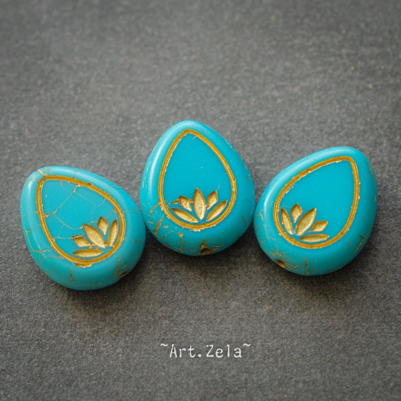 Fleurs de lotus bleu turquoise bronze 14mm X2 Perles verre tchèque