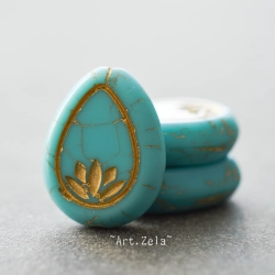 Fleurs de lotus bleu turquoise bronze 14mm X2 Perles verre tchèque