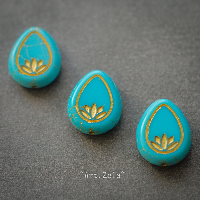 Fleurs de lotus bleu turquoise bronze 14mm X2 Perles verre tchèque