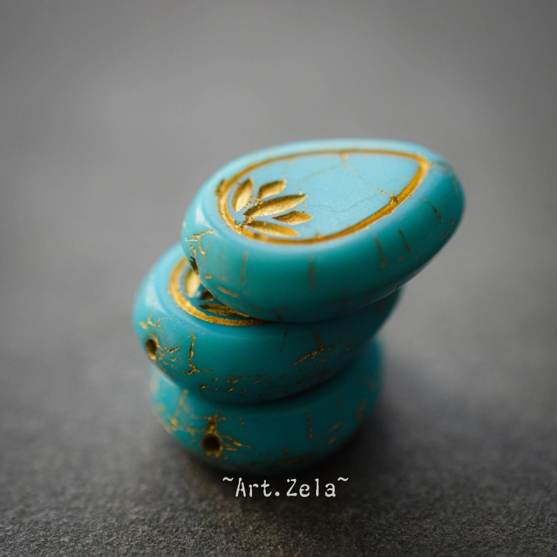 Fleurs de lotus bleu turquoise bronze 14mm X2 Perles verre tchèque