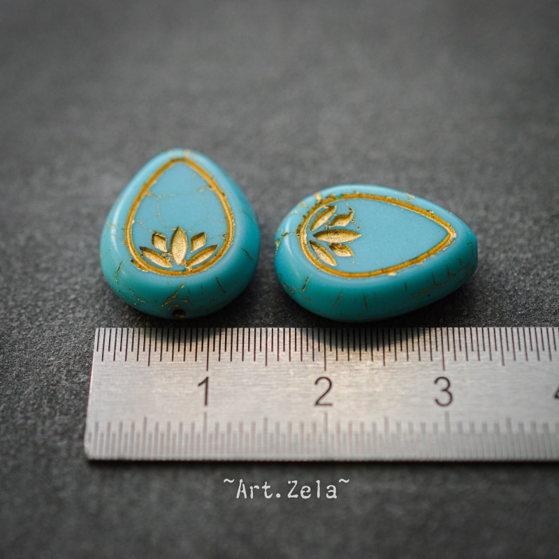 Fleurs de lotus bleu turquoise bronze 14mm X2 Perles verre tchèque