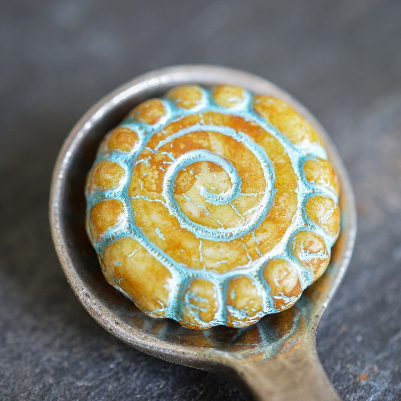 Spirale turquoise ocre 16mm X2 Perles verre tchèque Picasso