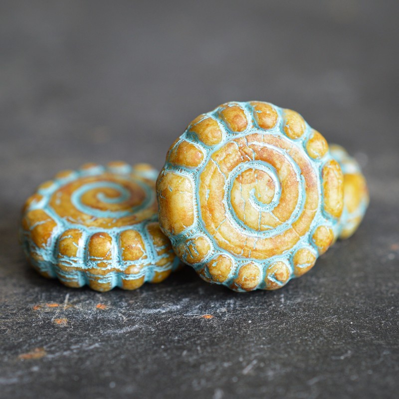 Spirale turquoise ocre 16mm X2 Perles verre tchèque Picasso