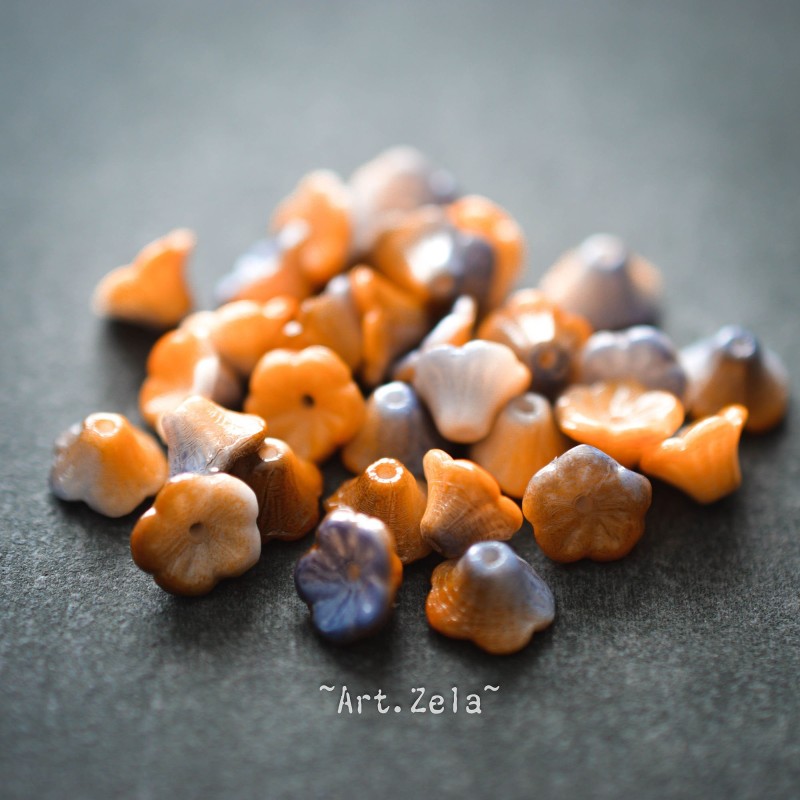 Clochettes orange gris 7mm X30 Perles verre tchèque opaque