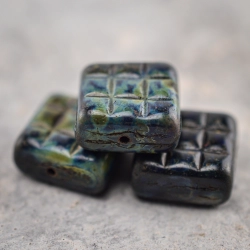 Perles carrées noir lichen bleu 13mm X2 Perles verre tchèque Picasso