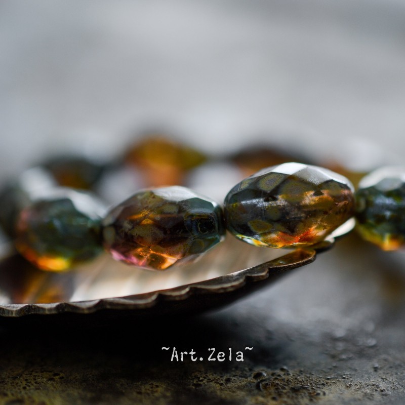 Olives ambre Picasso 12mm X4 Perles verre tchèque premium