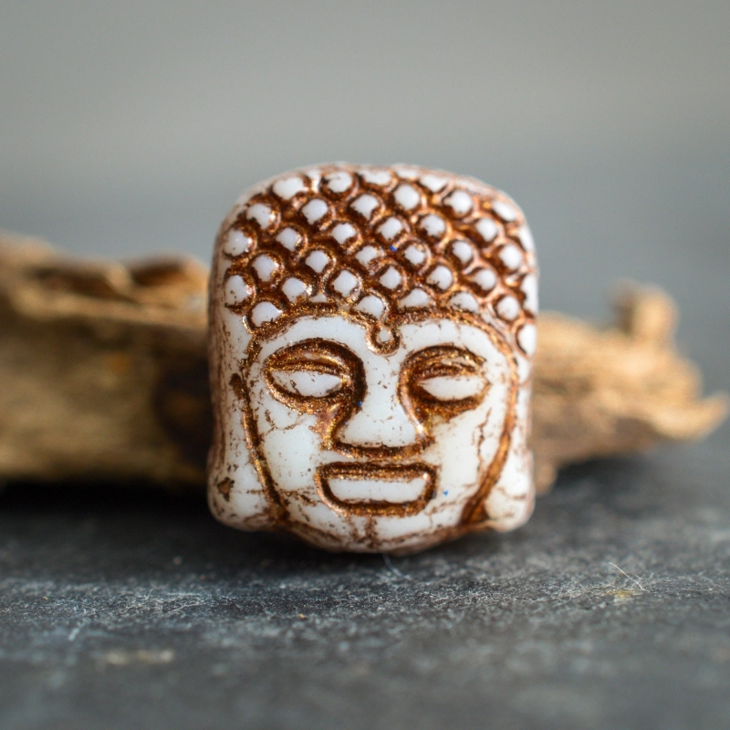 Bouddha blanc cassé cuivre 14mm X2 Perles verre tchèque mat