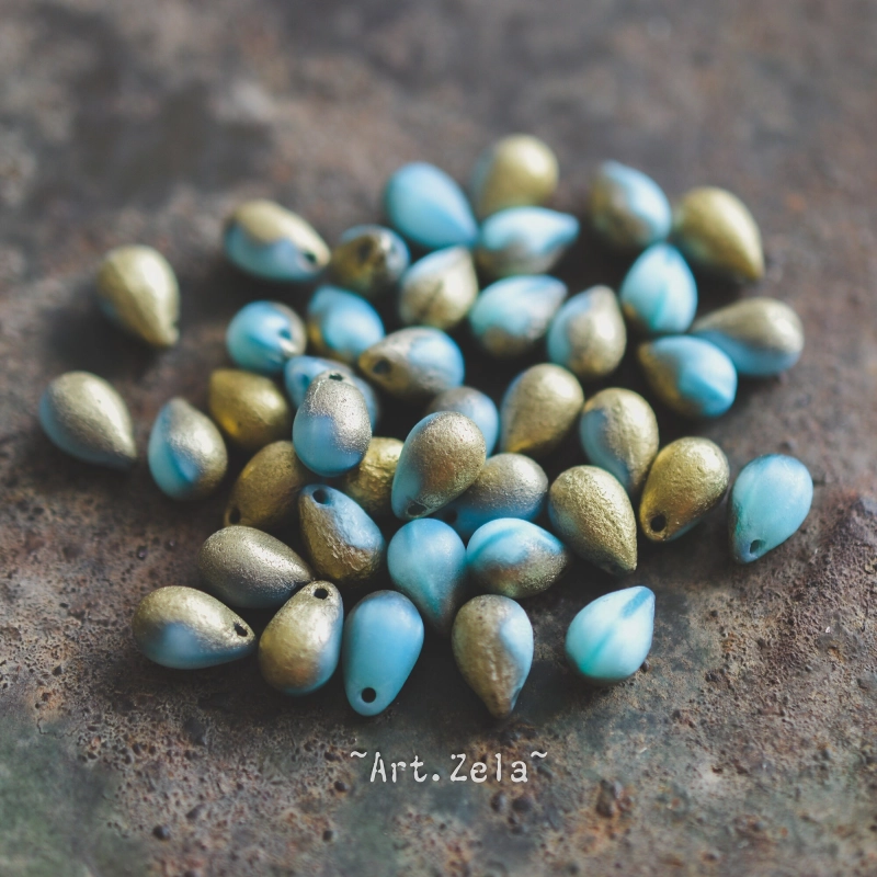 Gouttes bleu doré mat 9mm X20 Perles verre tchèque texturé