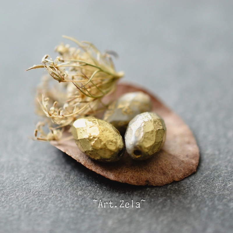 Olives facettées gris doré 12mm X6 Perles verre tchèque texturé