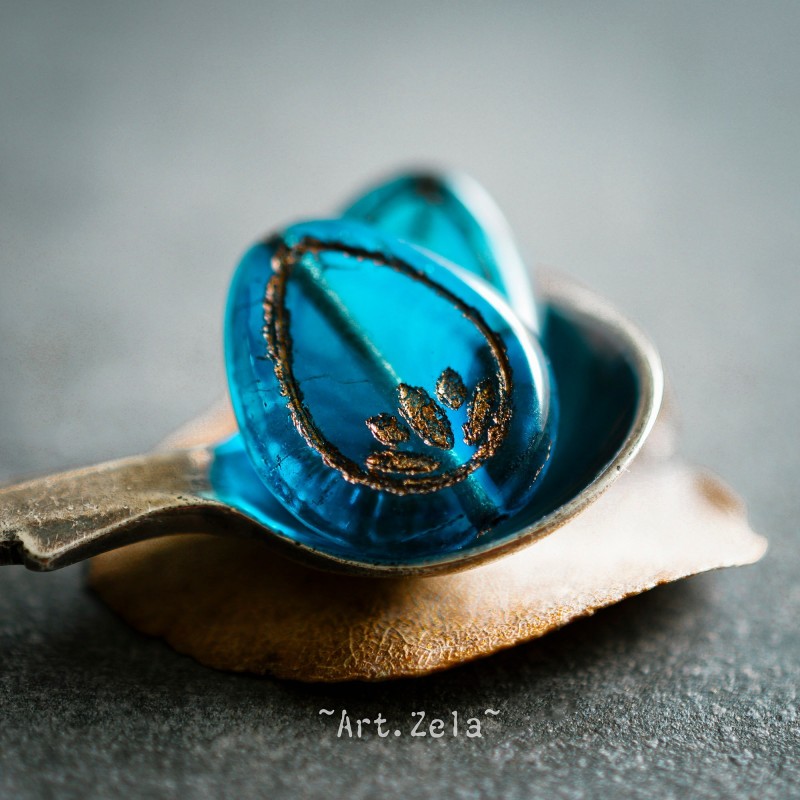 Fleurs de lotus bleu bronze 18mm X2 Perles verre tchèque transparent