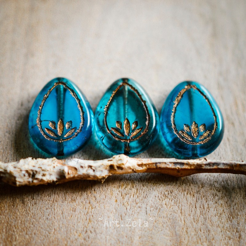 Fleurs de lotus bleu bronze 18mm X2 Perles verre tchèque transparent